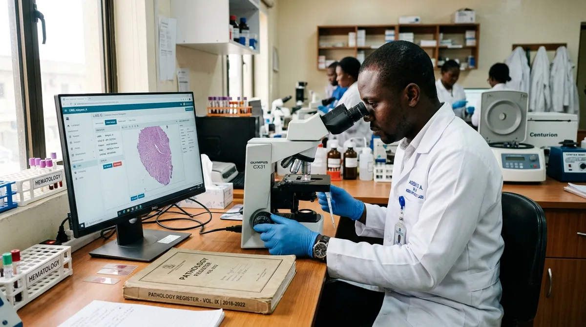 Nigerian medical laboratory scientist using an optical microscope and digital pathology LIMS monitor beside a paper register