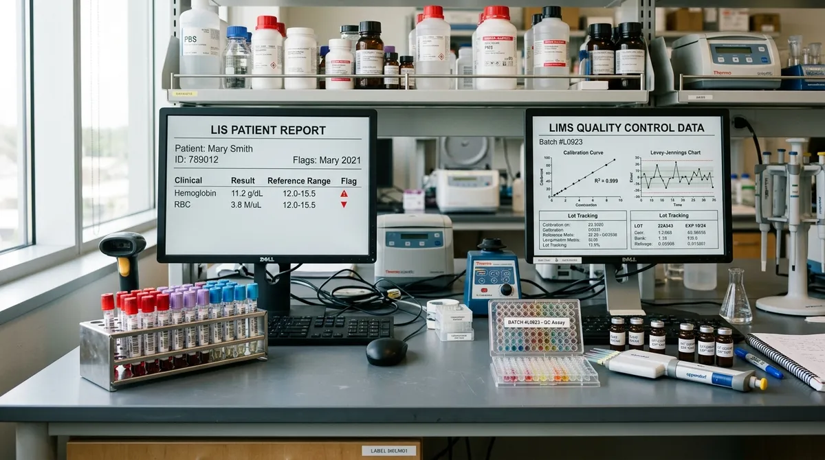 Still-life laboratory workstation contrasting patient LIS diagnostics with batch LIMS quality control